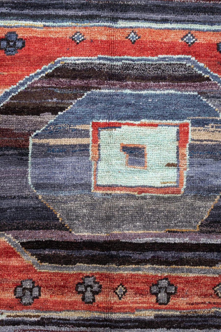 10' x 14' one-of-a-kind handmade vintage Kars large size rug. Color palette: charcoal, ivory, coral, aqua, slate, taupe