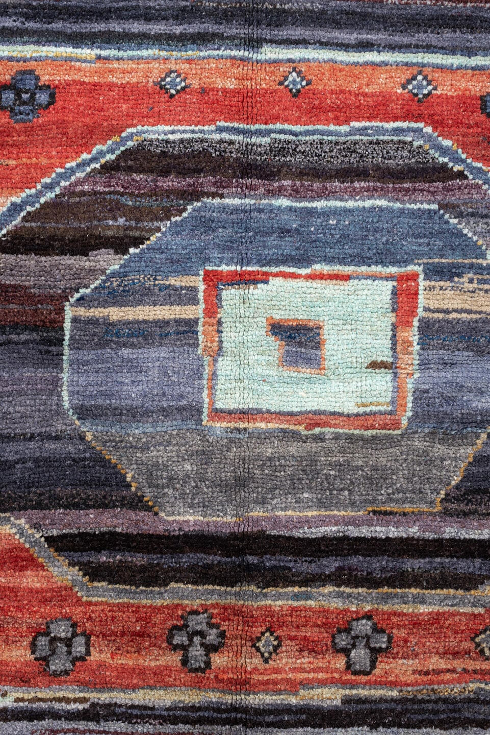 10' x 14' one-of-a-kind handmade vintage Kars large size rug. Color palette: charcoal, ivory, coral, aqua, slate, taupe