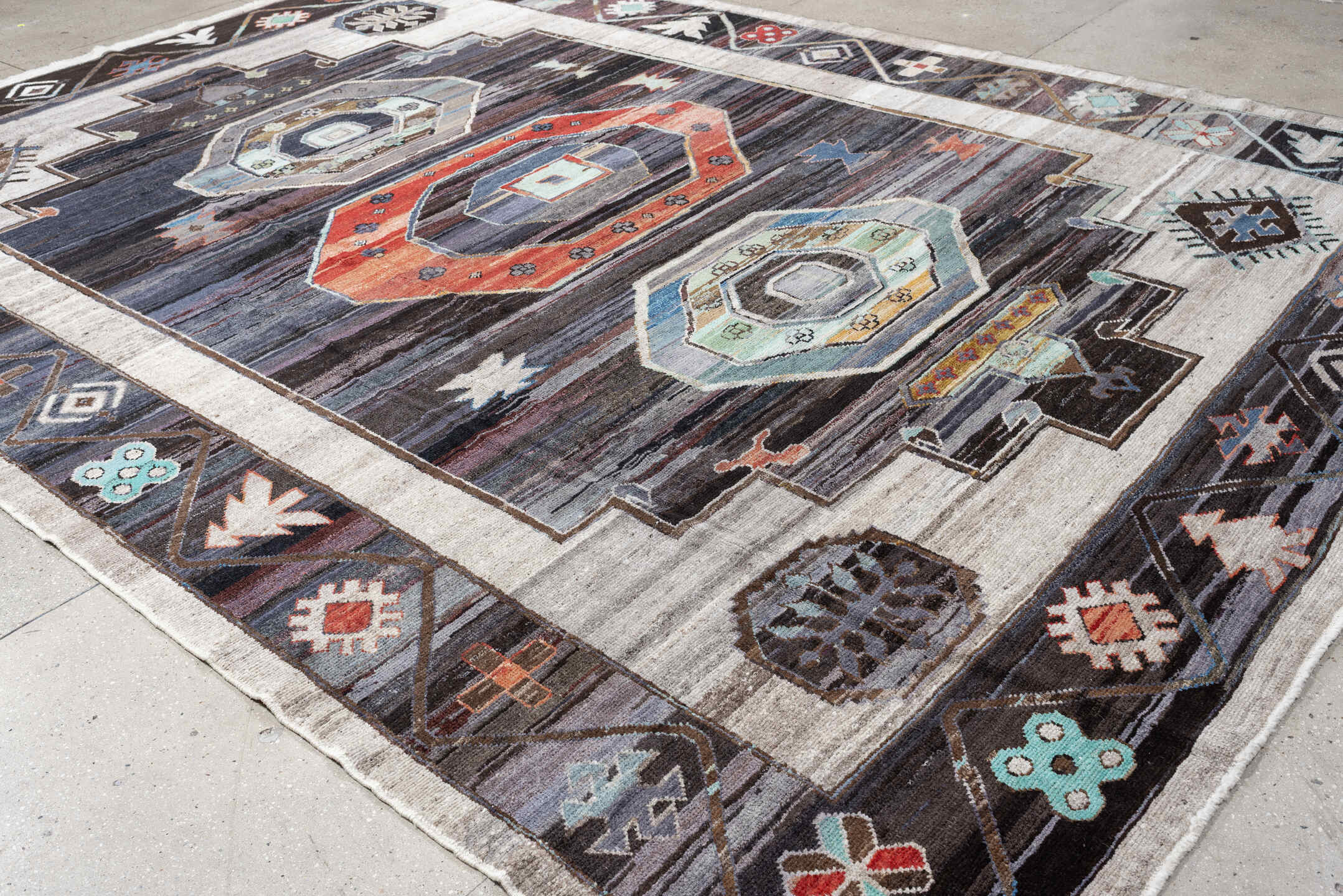 10' x 14' one-of-a-kind handmade vintage Kars large size rug. Color palette: charcoal, ivory, coral, aqua, slate, taupe