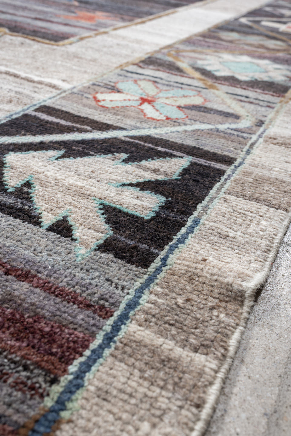 10' x 14' one-of-a-kind handmade vintage Kars large size rug. Color palette: charcoal, ivory, coral, aqua, slate, taupe