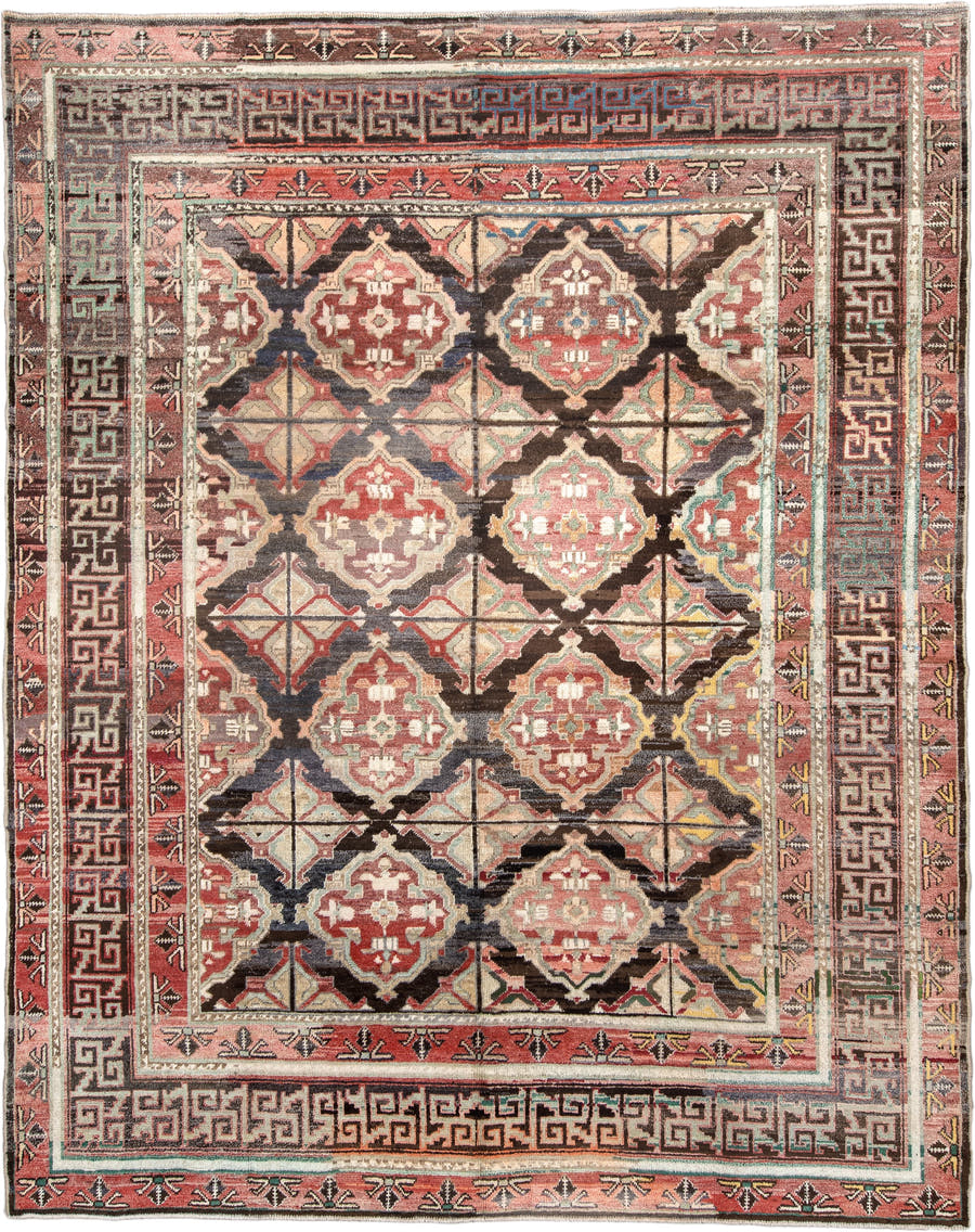 10' x 13' one-of-a-kind handmade vintage Kars oversize rug. Color palette: terracotta, charcoal, ivory, dusty rose