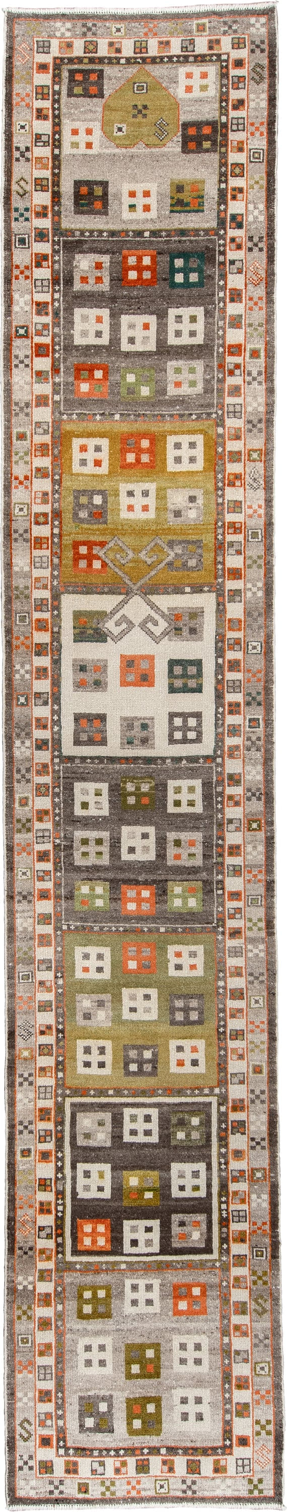 3' x 17' one-of-a-kind handmade vintage Kars runner rug. Color palette: ivory, charcoal, taupe, rust, olive, ochre, sage