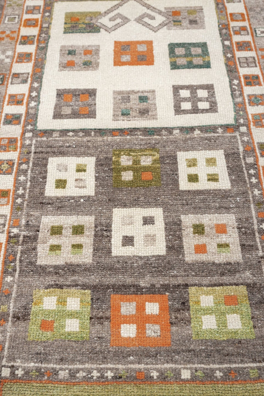 3' x 17' one-of-a-kind handmade vintage Kars runner rug. Color palette: ivory, charcoal, taupe, rust, olive, ochre, sage