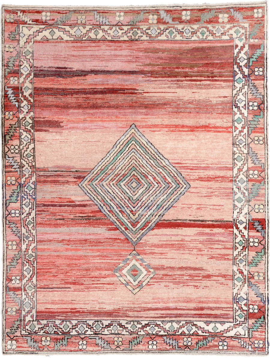 8' x 10' one-of-a-kind handmade vintage Kars large size rug. Color palette: coral, ivory, crimson, sage, slate, charcoal