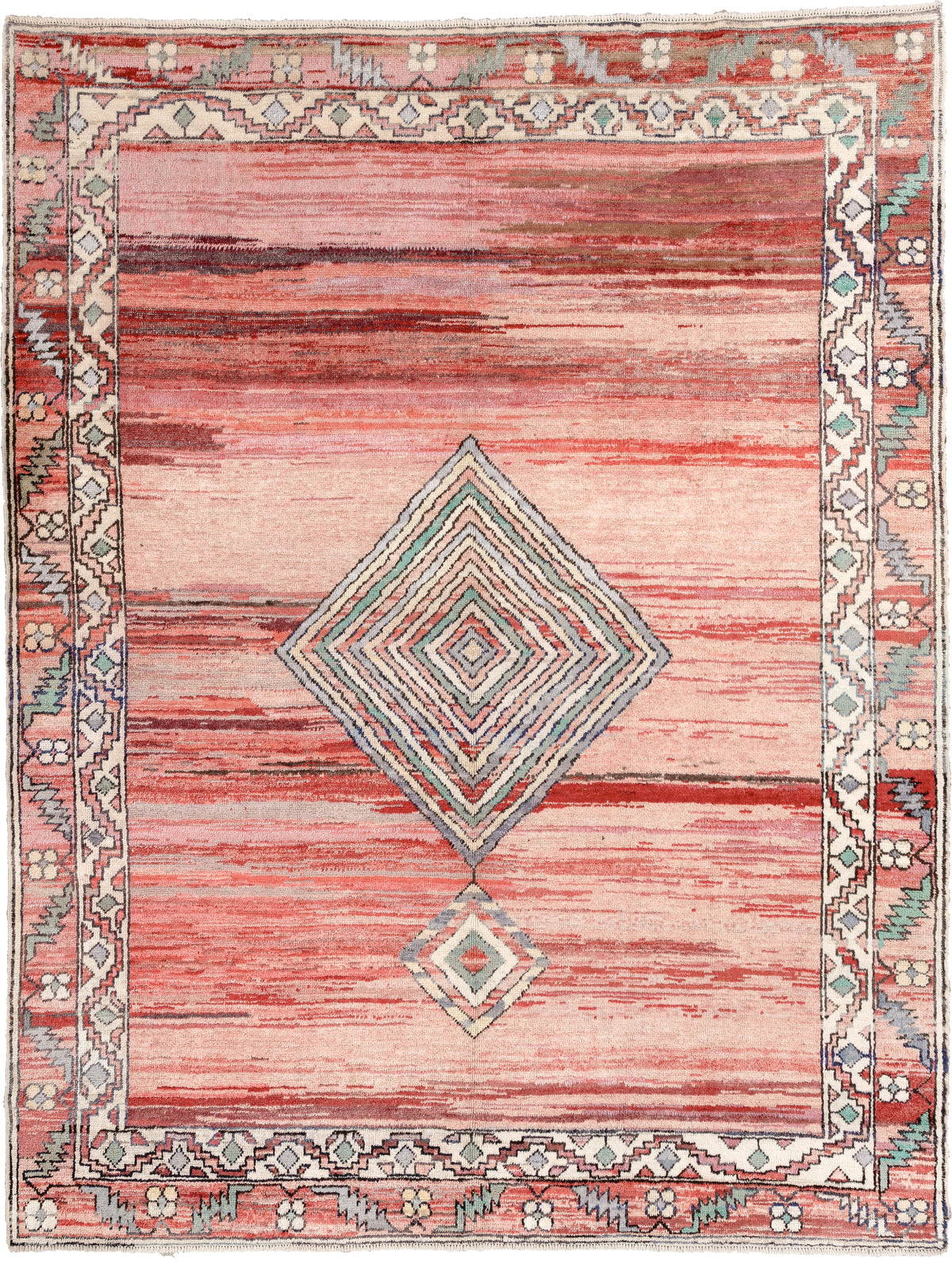 8' x 10' one-of-a-kind handmade vintage Kars large size rug. Color palette: coral, ivory, crimson, sage, slate, charcoal