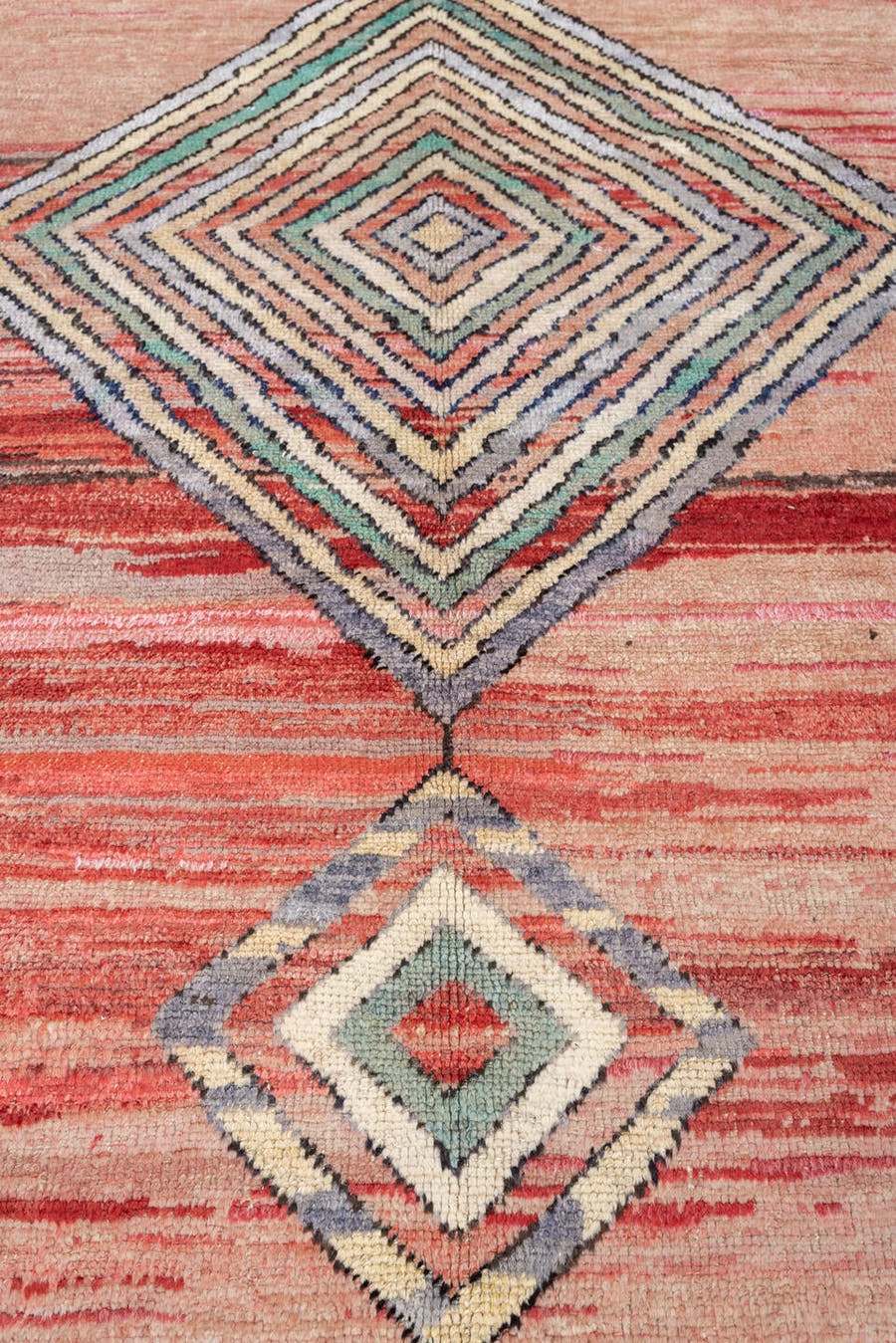 8' x 10' one-of-a-kind handmade vintage Kars large size rug. Color palette: coral, ivory, crimson, sage, slate, charcoal