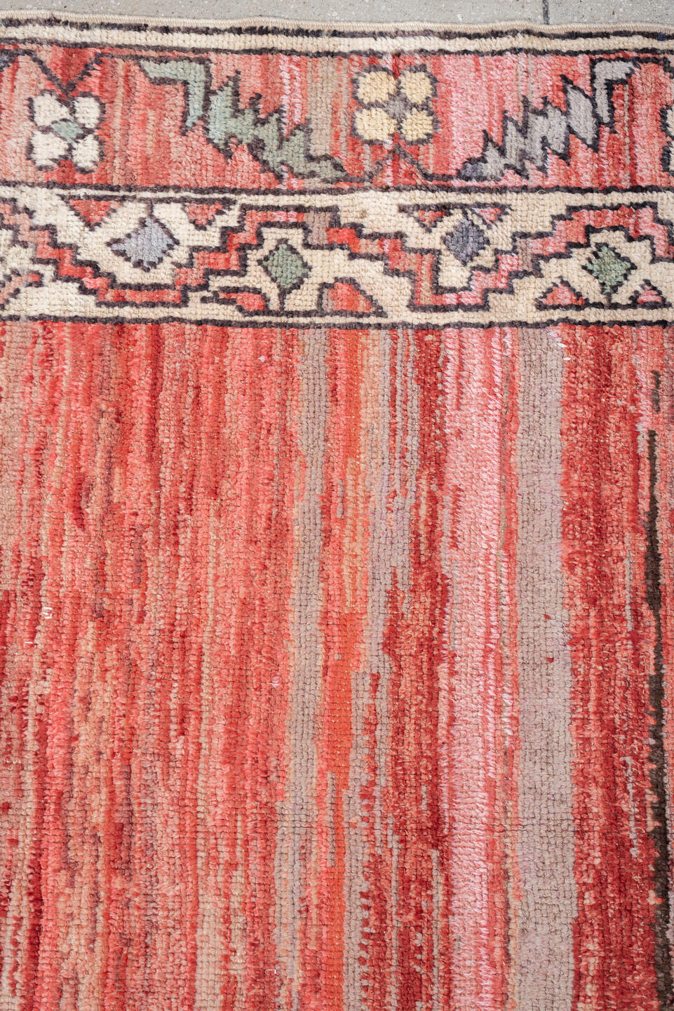 8' x 10' one-of-a-kind handmade vintage Kars large size rug. Color palette: coral, ivory, crimson, sage, slate, charcoal