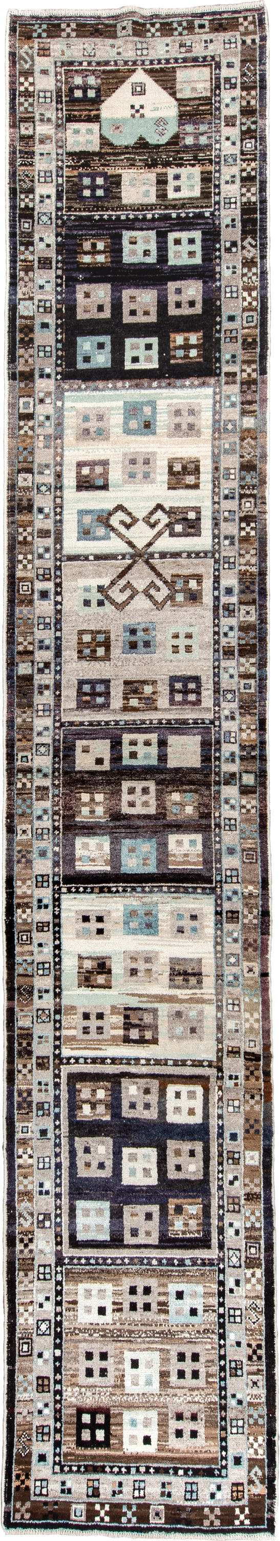 3' x 17' one-of-a-kind handmade vintage Kars runner rug. Color palette: dark brown, ivory, camel, turquoise, taupe