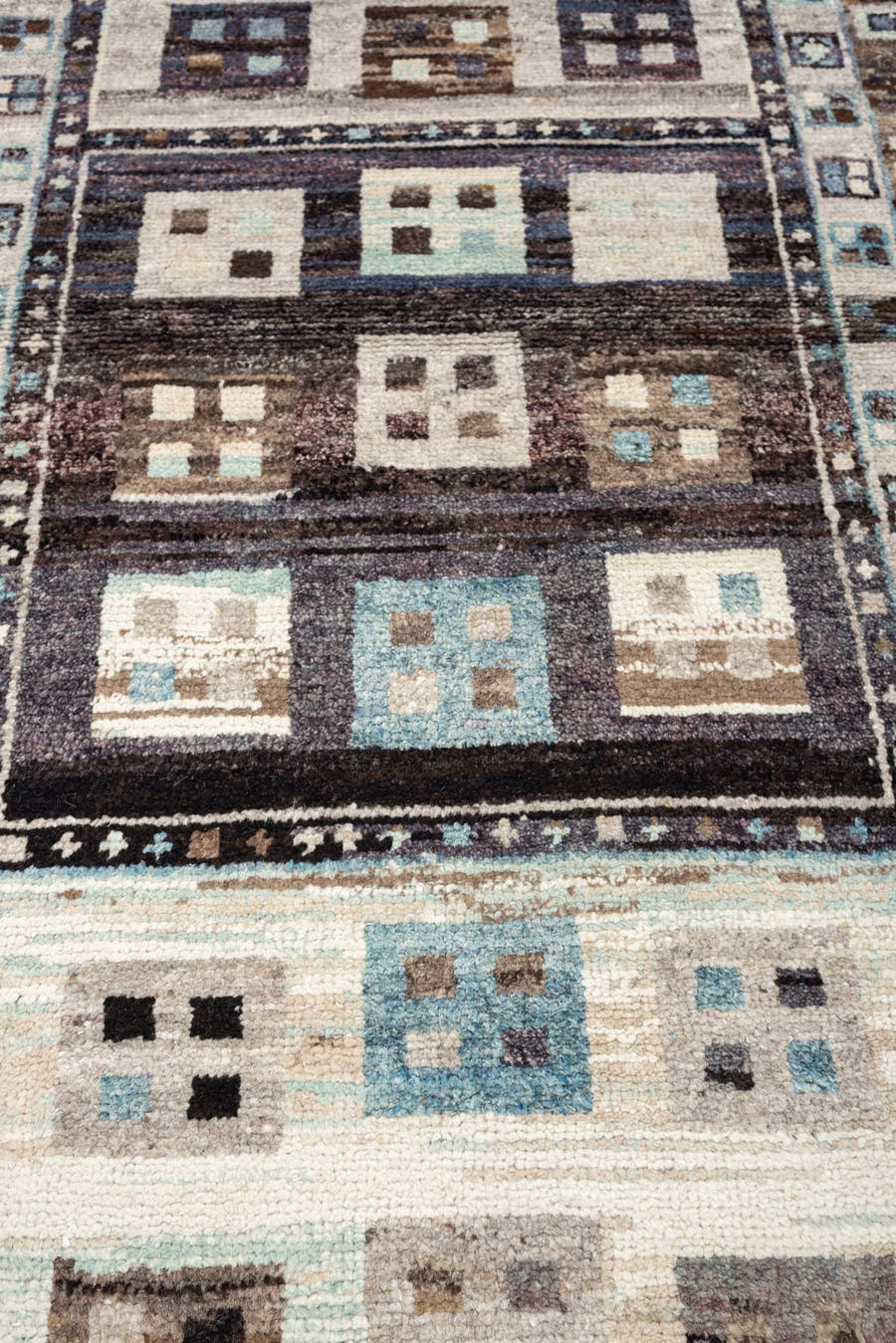 3' x 17' one-of-a-kind handmade vintage Kars runner rug. Color palette: dark brown, ivory, camel, turquoise, taupe