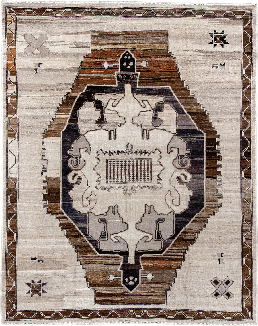 9' x 11' one-of-a-kind handmade vintage Kars large size rug. Color palette: ivory, brown, charcoal, taupe, camel, rust