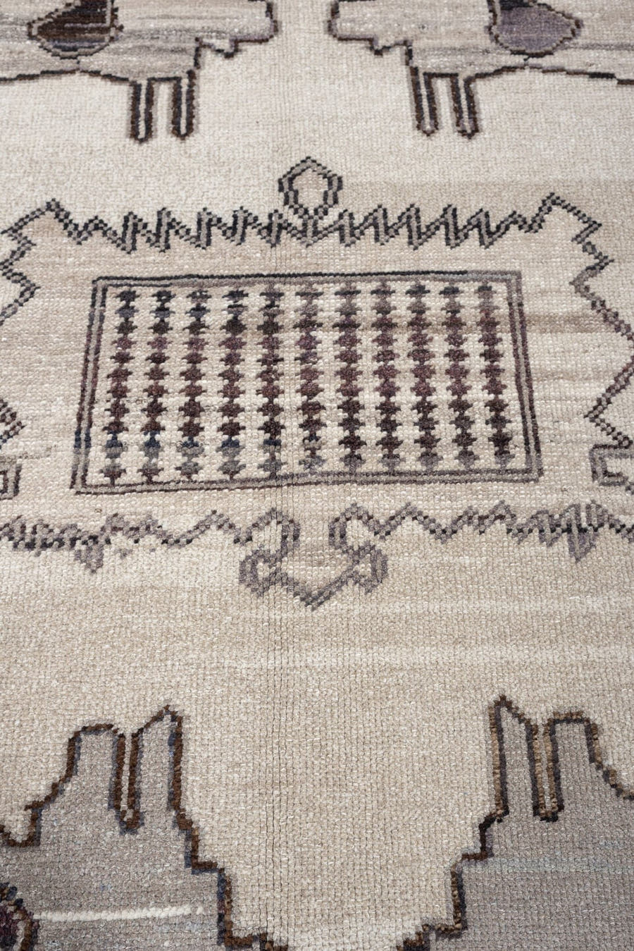 9' x 11' one-of-a-kind handmade vintage Kars large size rug. Color palette: ivory, brown, charcoal, taupe, camel, rust