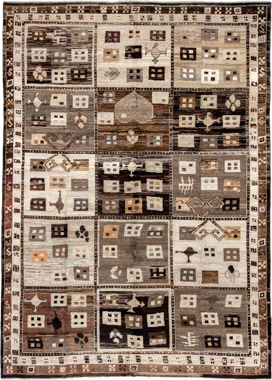 10' x 14' one-of-a-kind handmade vintage Kars large size rug. Color palette: ivory, taupe, charcoal, walnut brown, cream