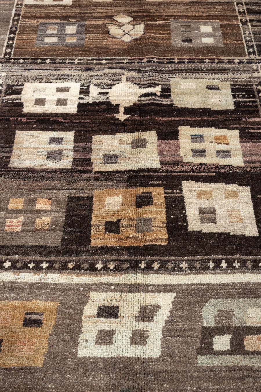 10' x 14' one-of-a-kind handmade vintage Kars large size rug. Color palette: ivory, taupe, charcoal, walnut brown, cream