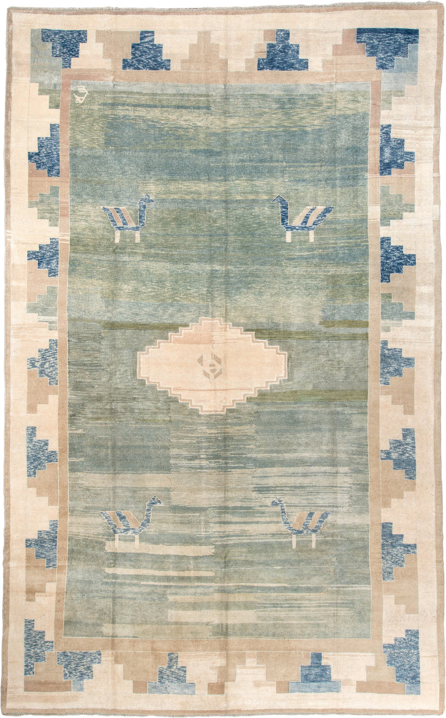 11' x 17' one-of-a-kind handmade vintage Gabbe oversize rug. Color palette: sage, ivory, sand, indigo, pale green, taupe