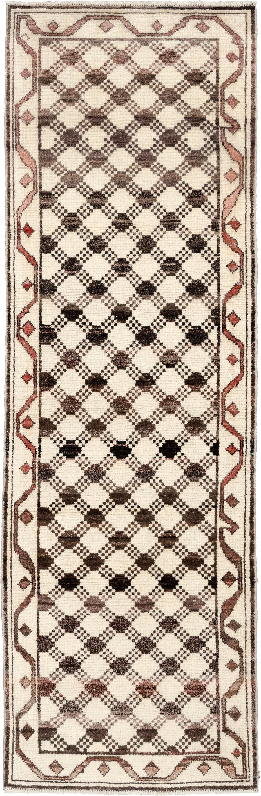 3' x 9' one-of-a-kind handmade vintage Kars runner rug. Color palette: ivory, brown, taupe, muted rose, charcoal, terracotta