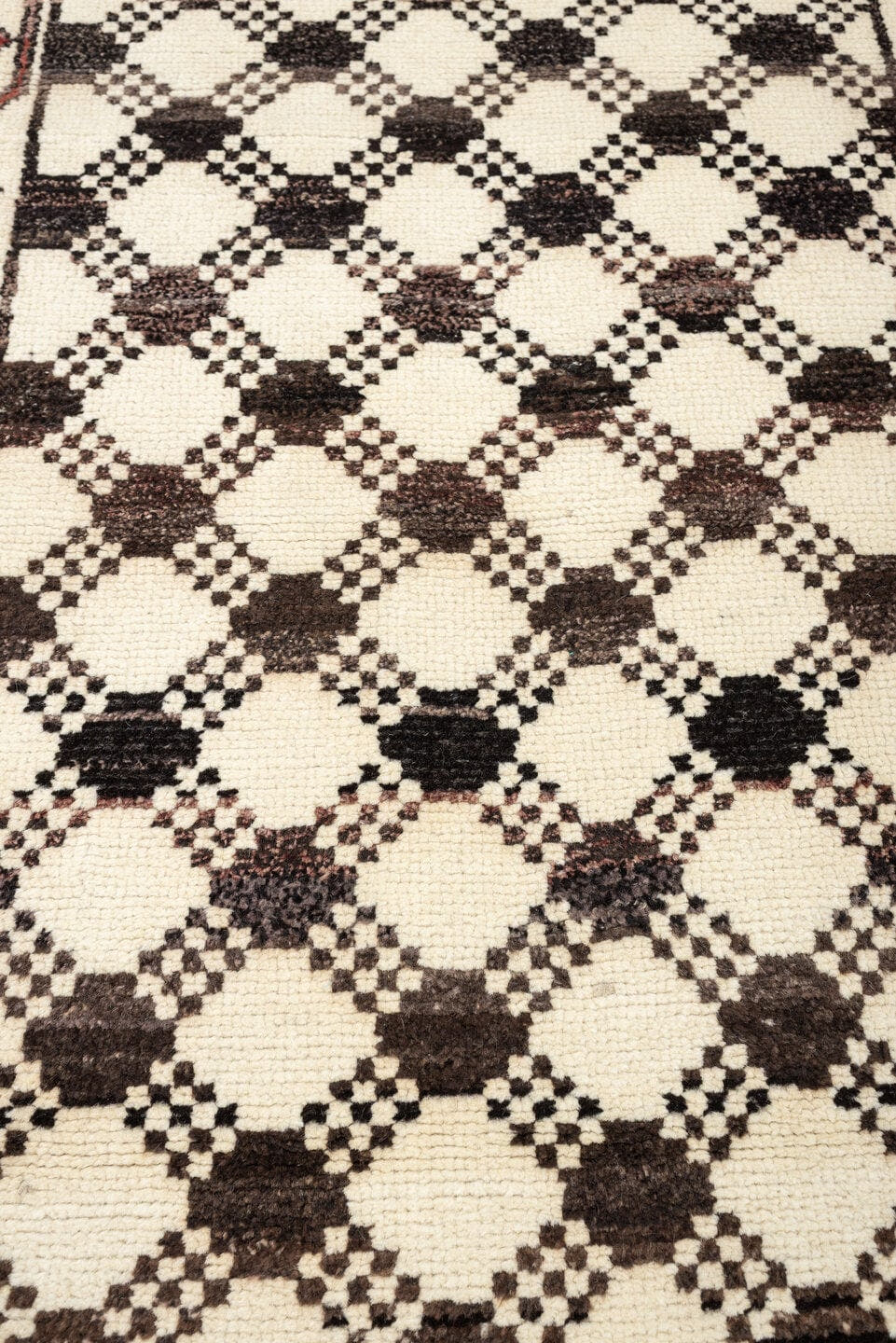 3' x 9' one-of-a-kind handmade vintage Kars runner rug. Color palette: ivory, brown, taupe, muted rose, charcoal, terracotta