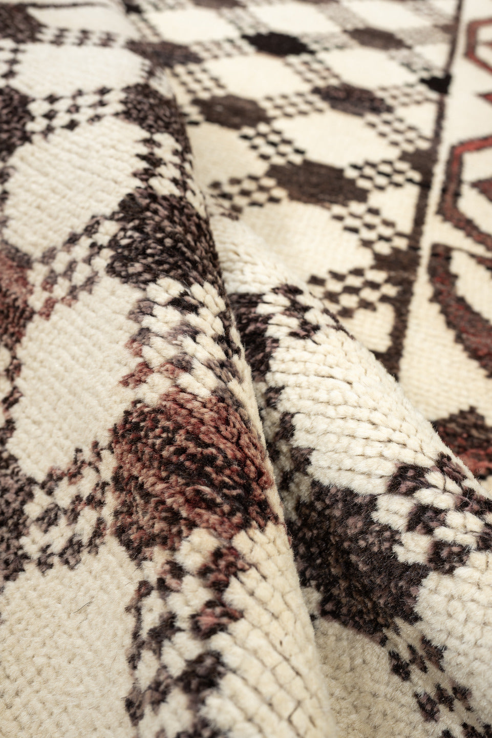 3' x 9' one-of-a-kind handmade vintage Kars runner rug. Color palette: ivory, brown, taupe, muted rose, charcoal, terracotta