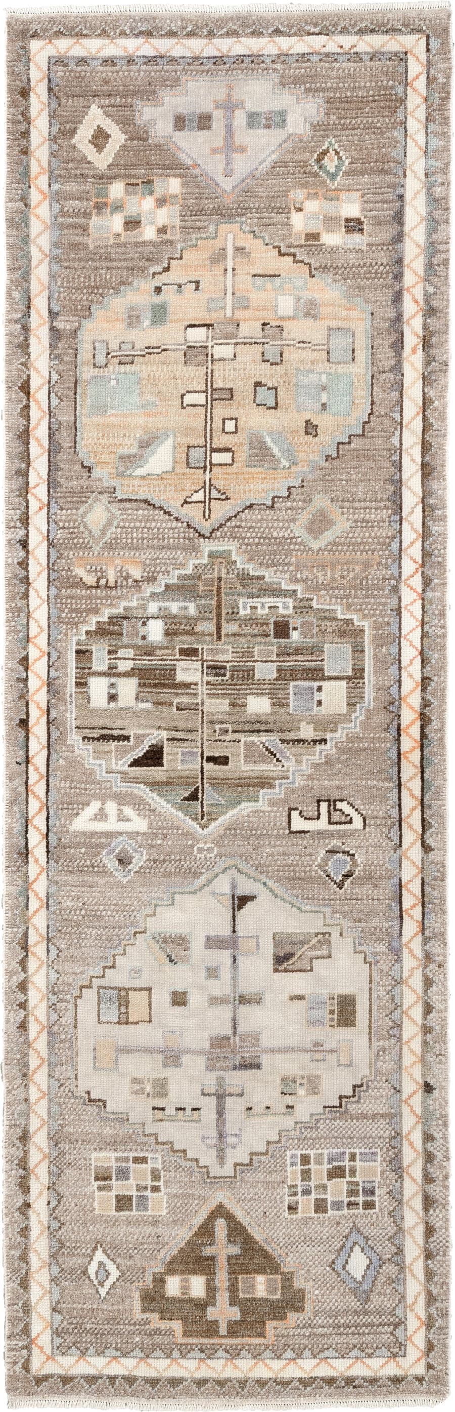 3' x 9' one-of-a-kind handmade vintage Kars runner rug. Color palette: taupe, ivory, charcoal, terracotta, blue gray, camel