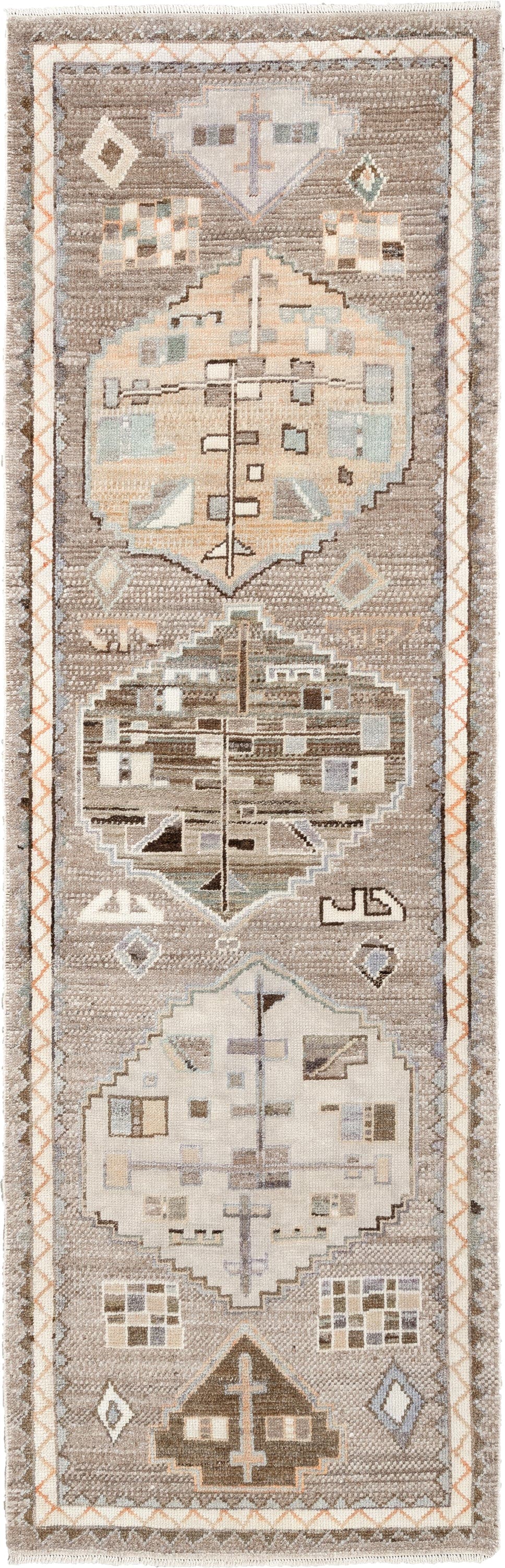 3' x 9' one-of-a-kind handmade vintage Kars runner rug. Color palette: taupe, ivory, charcoal, terracotta, blue gray, camel