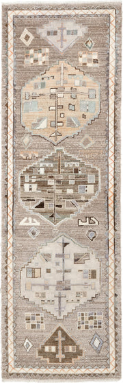 3' x 9' one-of-a-kind handmade vintage Kars runner rug. Color palette: taupe, ivory, charcoal, terracotta, blue gray, camel