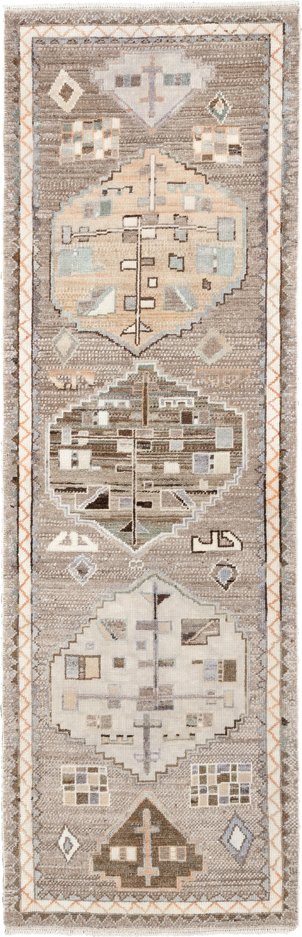 3' x 9' one-of-a-kind handmade vintage Kars runner rug. Color palette: taupe, ivory, charcoal, terracotta, blue gray, camel