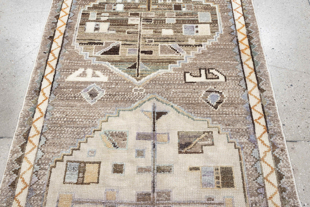 3' x 9' one-of-a-kind handmade vintage Kars runner rug. Color palette: taupe, ivory, charcoal, terracotta, blue gray, camel