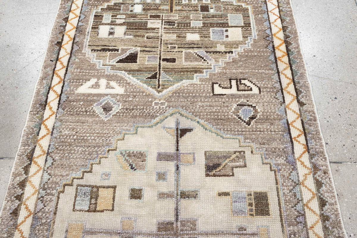 3' x 9' one-of-a-kind handmade vintage Kars runner rug. Color palette: taupe, ivory, charcoal, terracotta, blue gray, camel