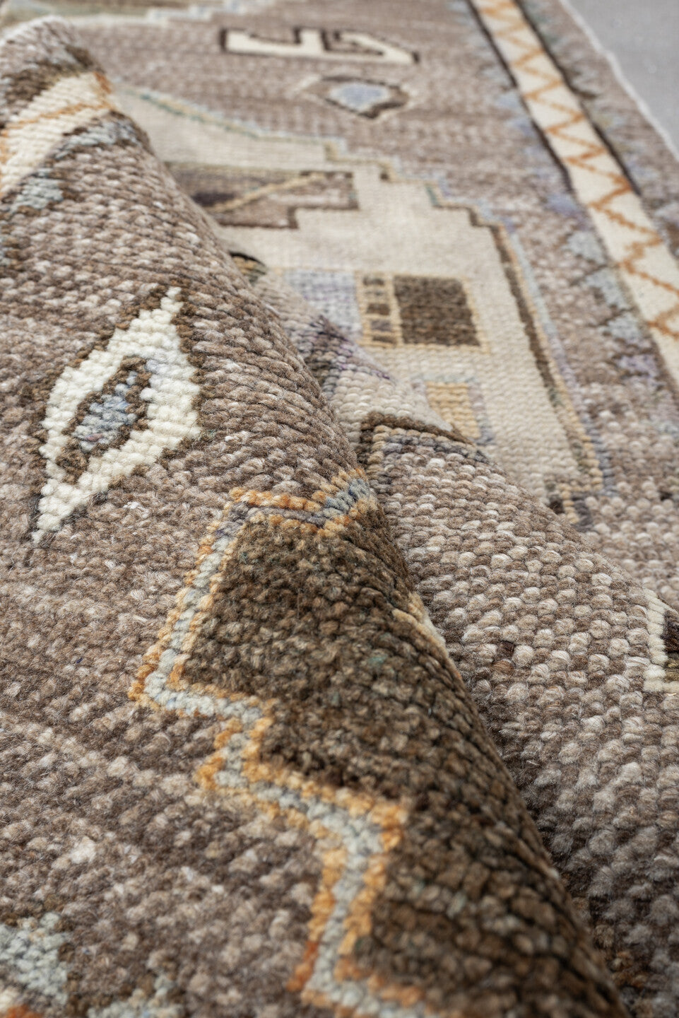 3' x 9' one-of-a-kind handmade vintage Kars runner rug. Color palette: taupe, ivory, charcoal, terracotta, blue gray, camel