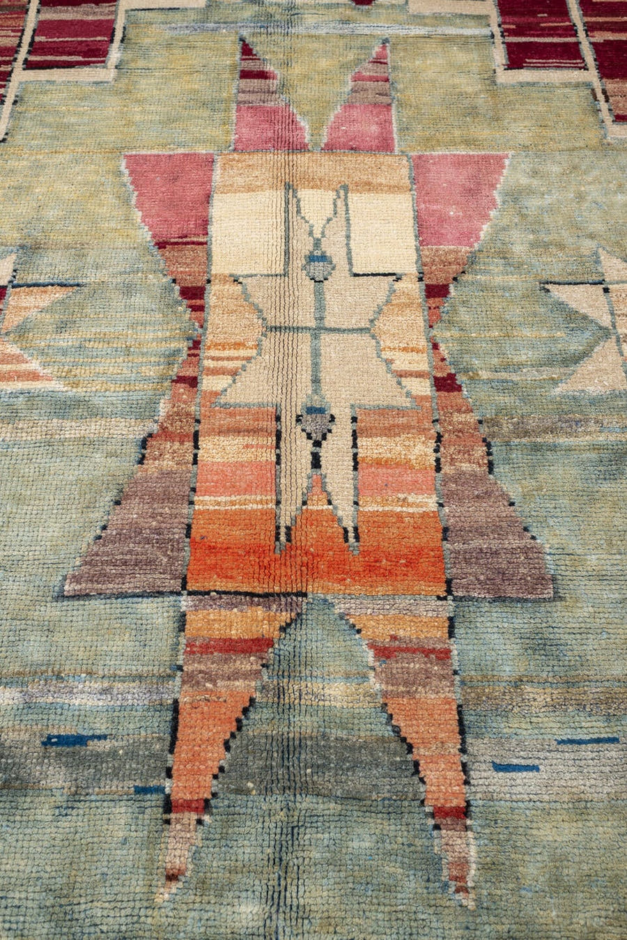 10' x 13' one-of-a-kind handmade vintage Kars large size rug. Color palette: rust, terracotta, sage, ivory, burgundy