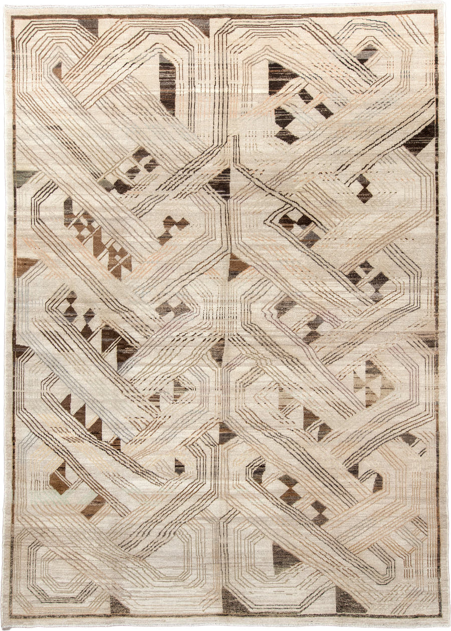 10' x 14' one-of-a-kind handmade vintage Kars large size rug. Color palette: ivory, taupe, charcoal, dark brown, camel