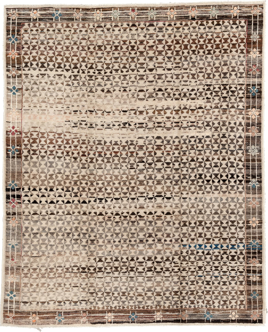 7' x 9' one-of-a-kind handmade vintage Kars rug. Color palette: ivory, brown, charcoal, taupe, blue, coral, sage, cream
