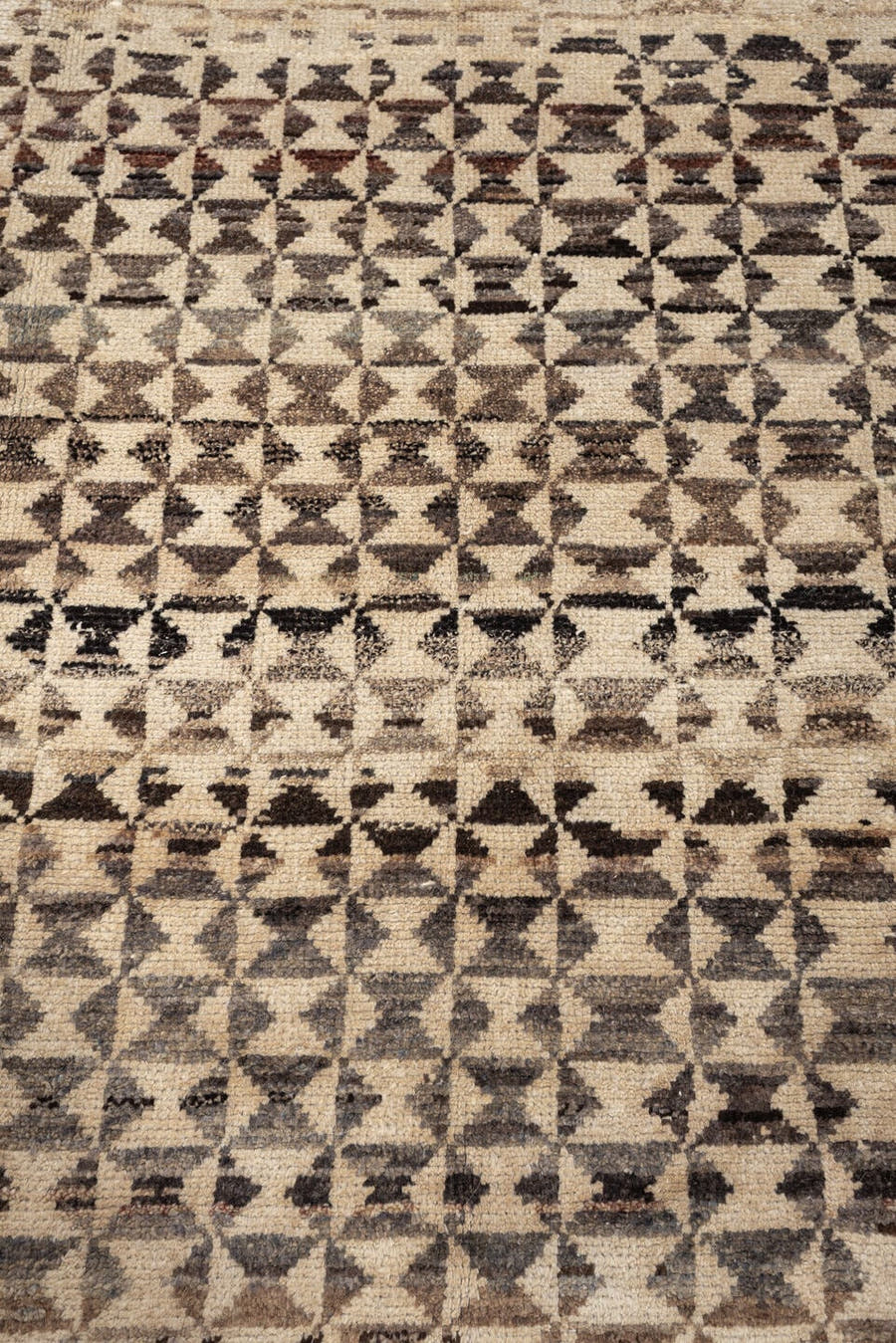 7' x 9' one-of-a-kind handmade vintage Kars rug. Color palette: ivory, brown, charcoal, taupe, blue, coral, sage, cream