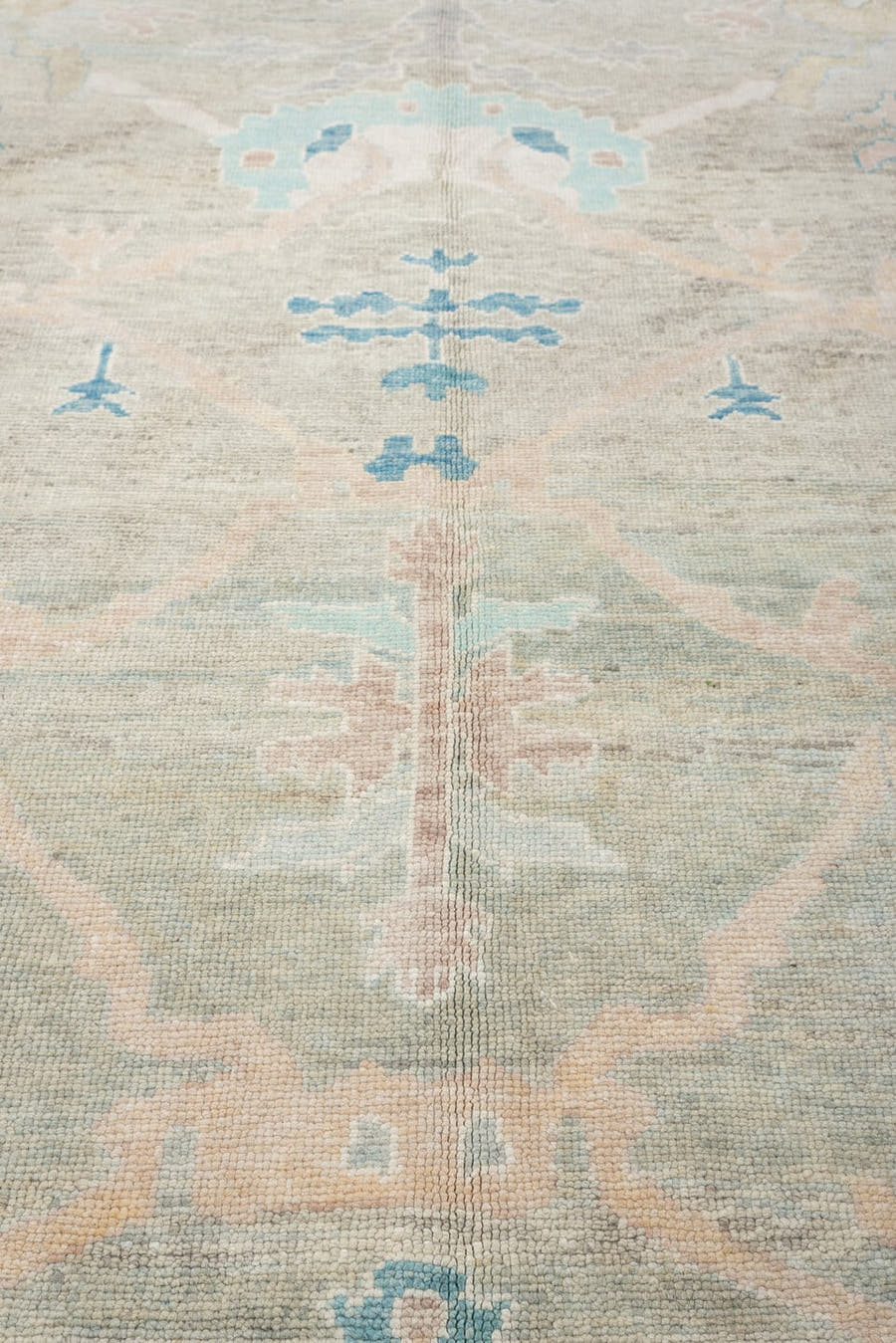 10' x 13' one-of-a-kind handmade vintage Oushak oversize rug. Color palette: sage, ivory, aqua, blush, taupe, pewter
