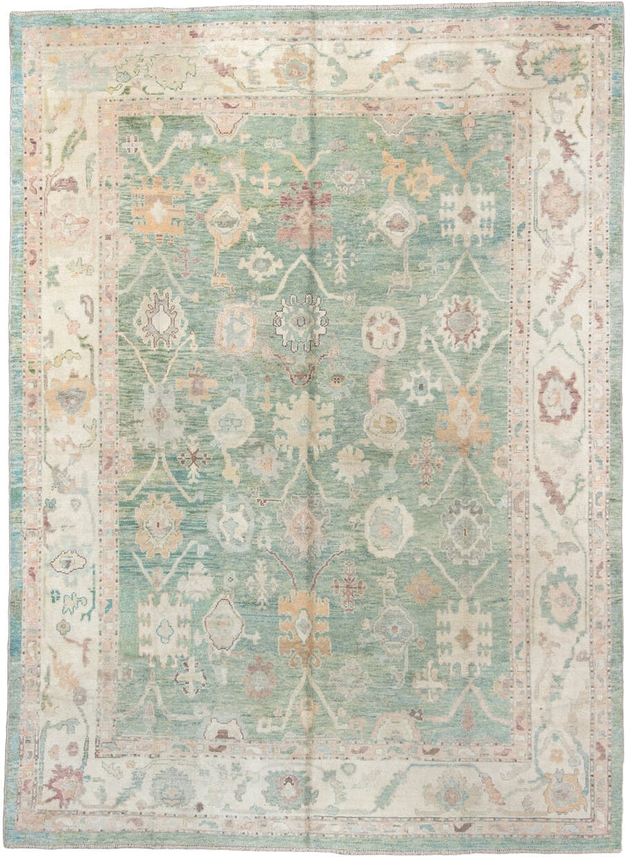10' x 14' one-of-a-kind handmade vintage Oushak large size rug. Color palette: aqua, ivory, cream, sage, blush, terracotta