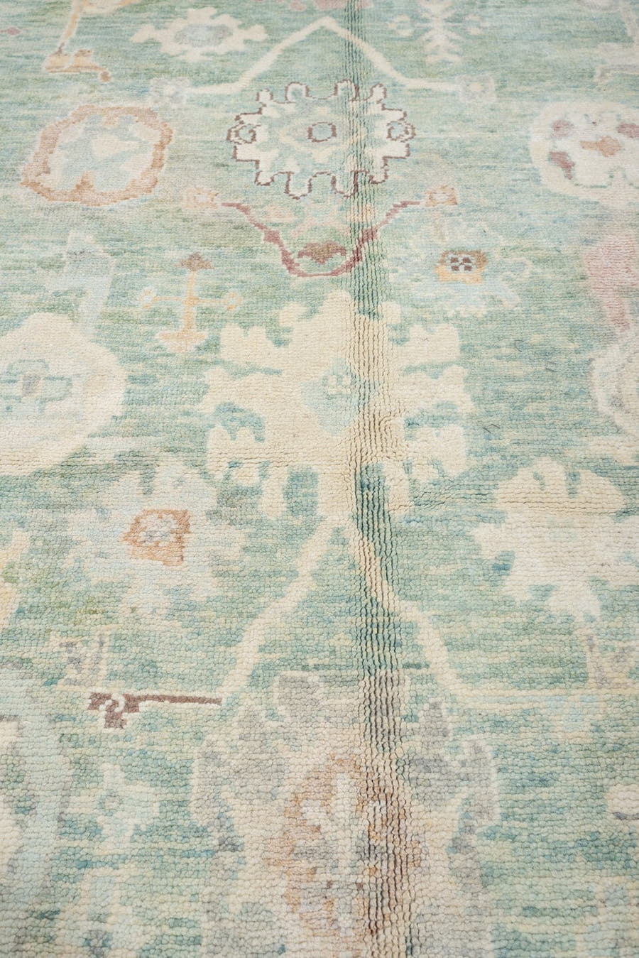 10' x 14' one-of-a-kind handmade vintage Oushak large size rug. Color palette: aqua, ivory, cream, sage, blush, terracotta