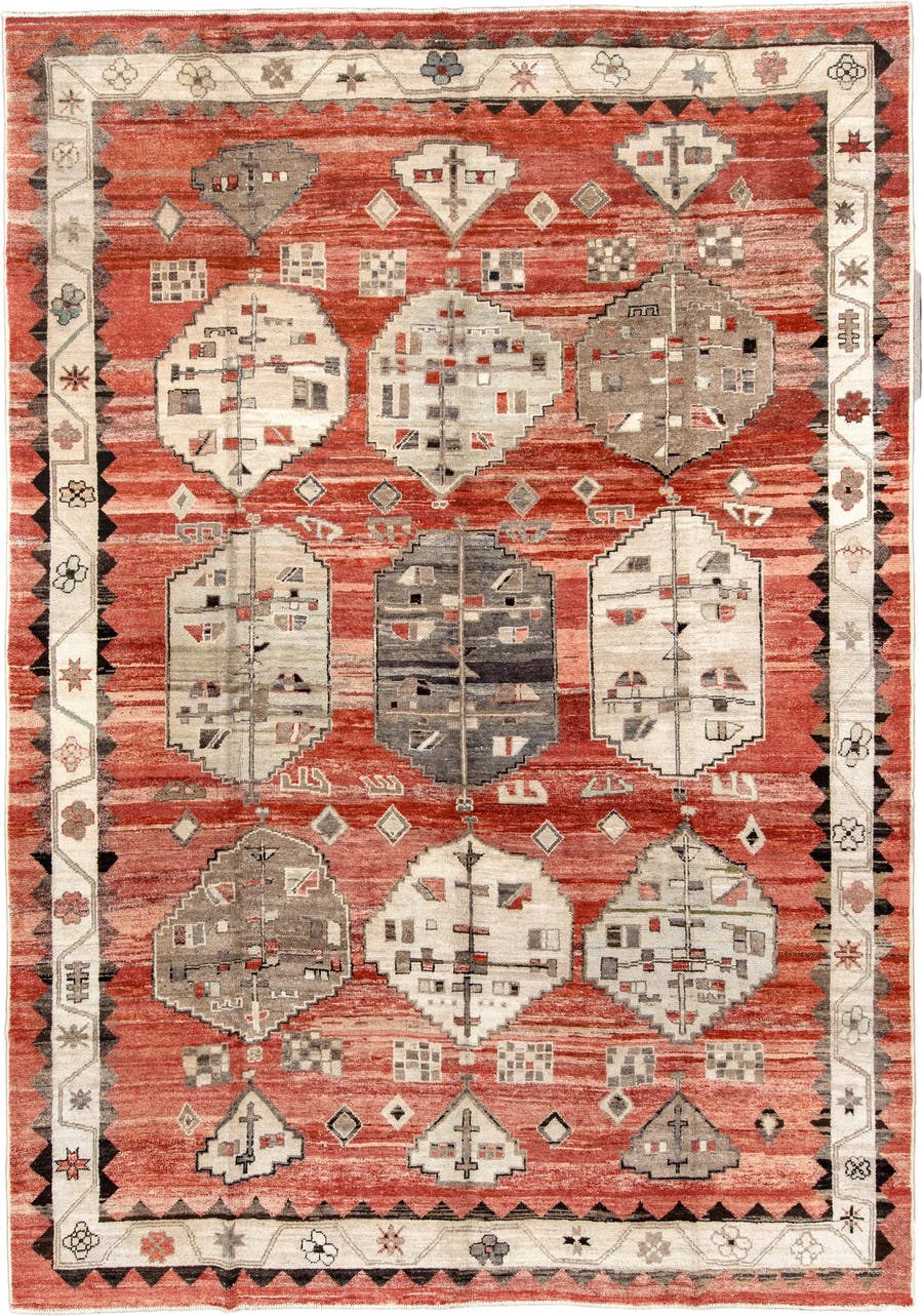10' x 14' one-of-a-kind handmade vintage Kars large size rug. Color palette: terracotta, ivory, taupe, charcoal, rust, black