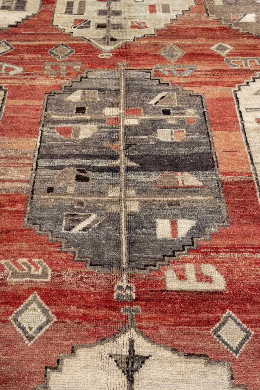 10' x 14' one-of-a-kind handmade vintage Kars large size rug. Color palette: terracotta, ivory, taupe, charcoal, rust, black