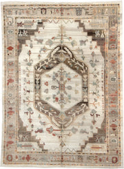 10' x 13' one-of-a-kind handmade vintage Oushak large size rug. Color palette: ivory, taupe, charcoal, sage, dusty coral
