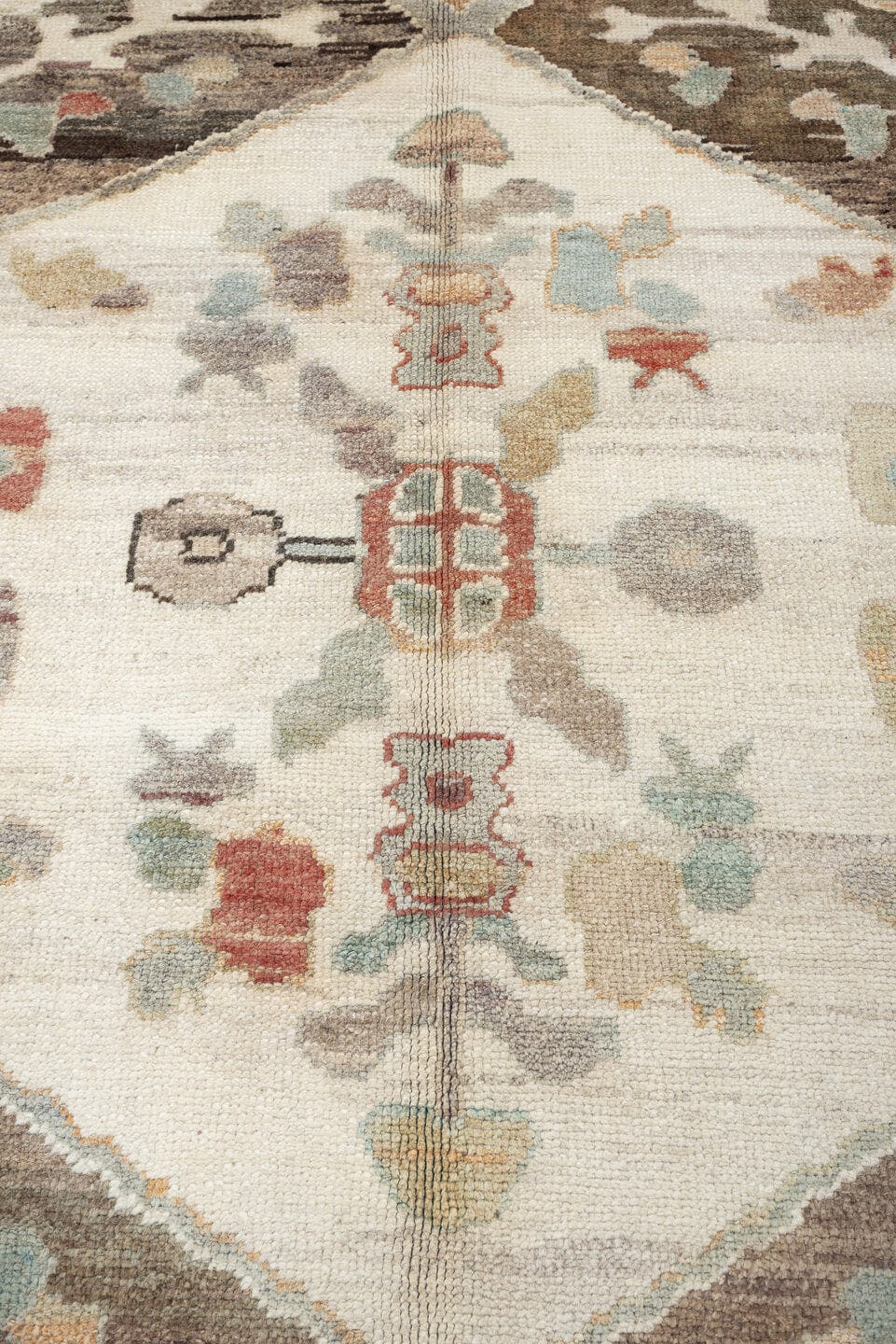 10' x 13' one-of-a-kind handmade vintage Oushak large size rug. Color palette: ivory, taupe, charcoal, sage, dusty coral