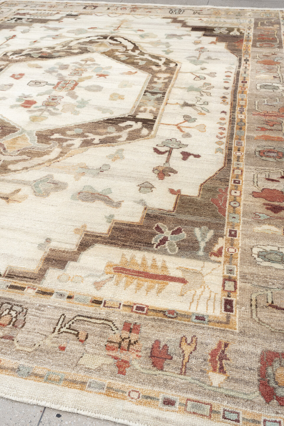 10' x 13' one-of-a-kind handmade vintage Oushak large size rug. Color palette: ivory, taupe, charcoal, sage, dusty coral
