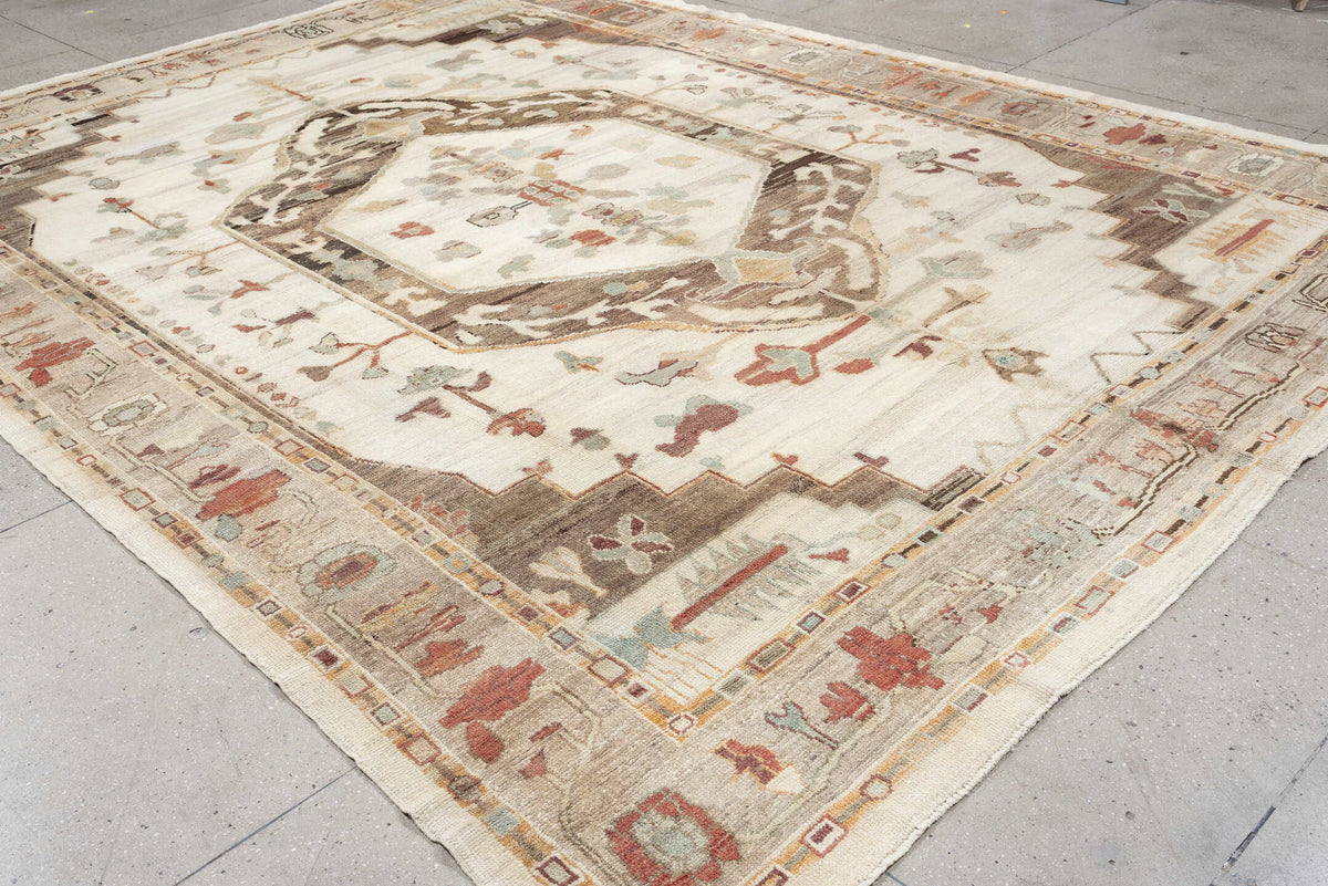 10' x 13' one-of-a-kind handmade vintage Oushak large size rug. Color palette: ivory, taupe, charcoal, sage, dusty coral