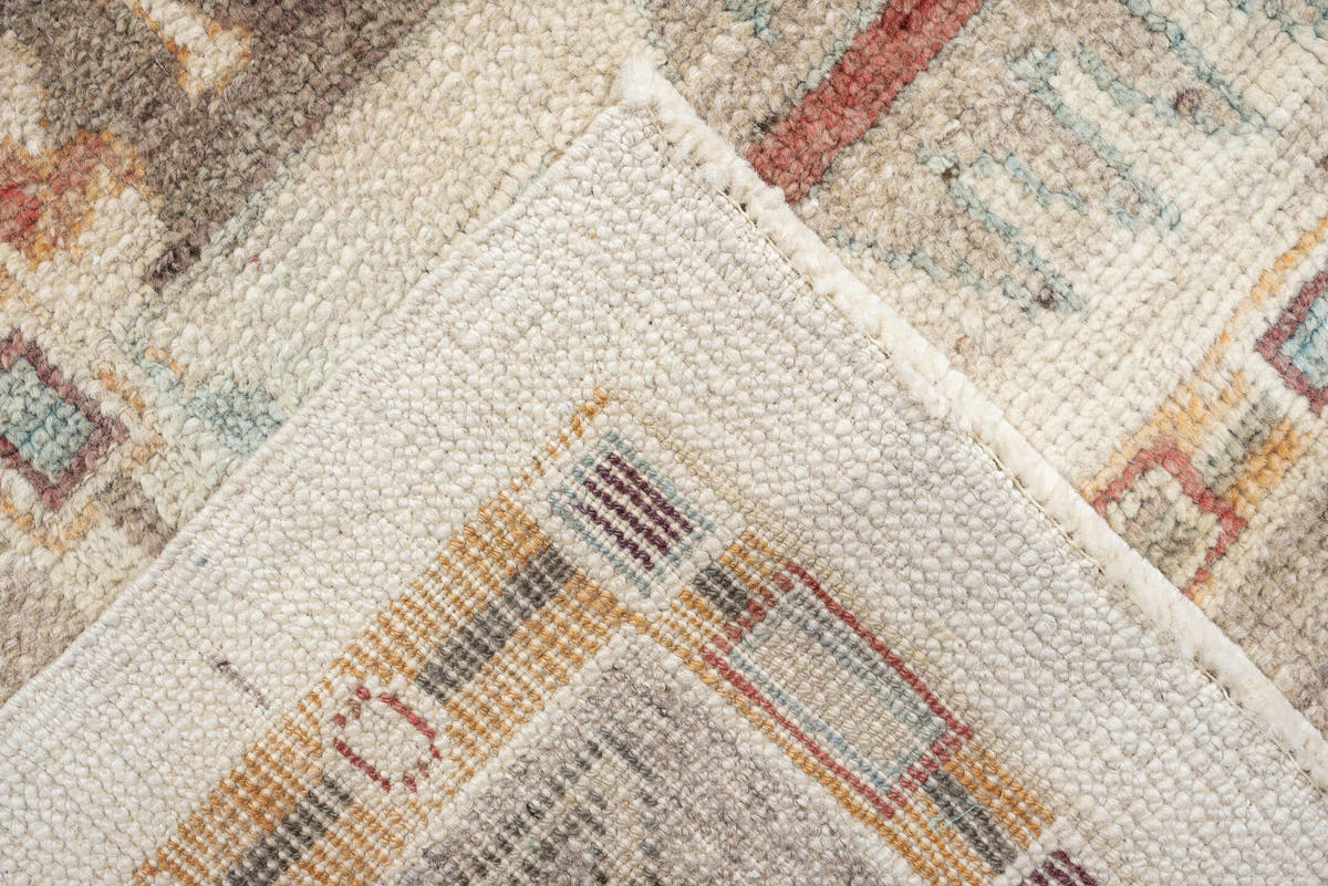 10' x 13' one-of-a-kind handmade vintage Oushak large size rug. Color palette: ivory, taupe, charcoal, sage, dusty coral