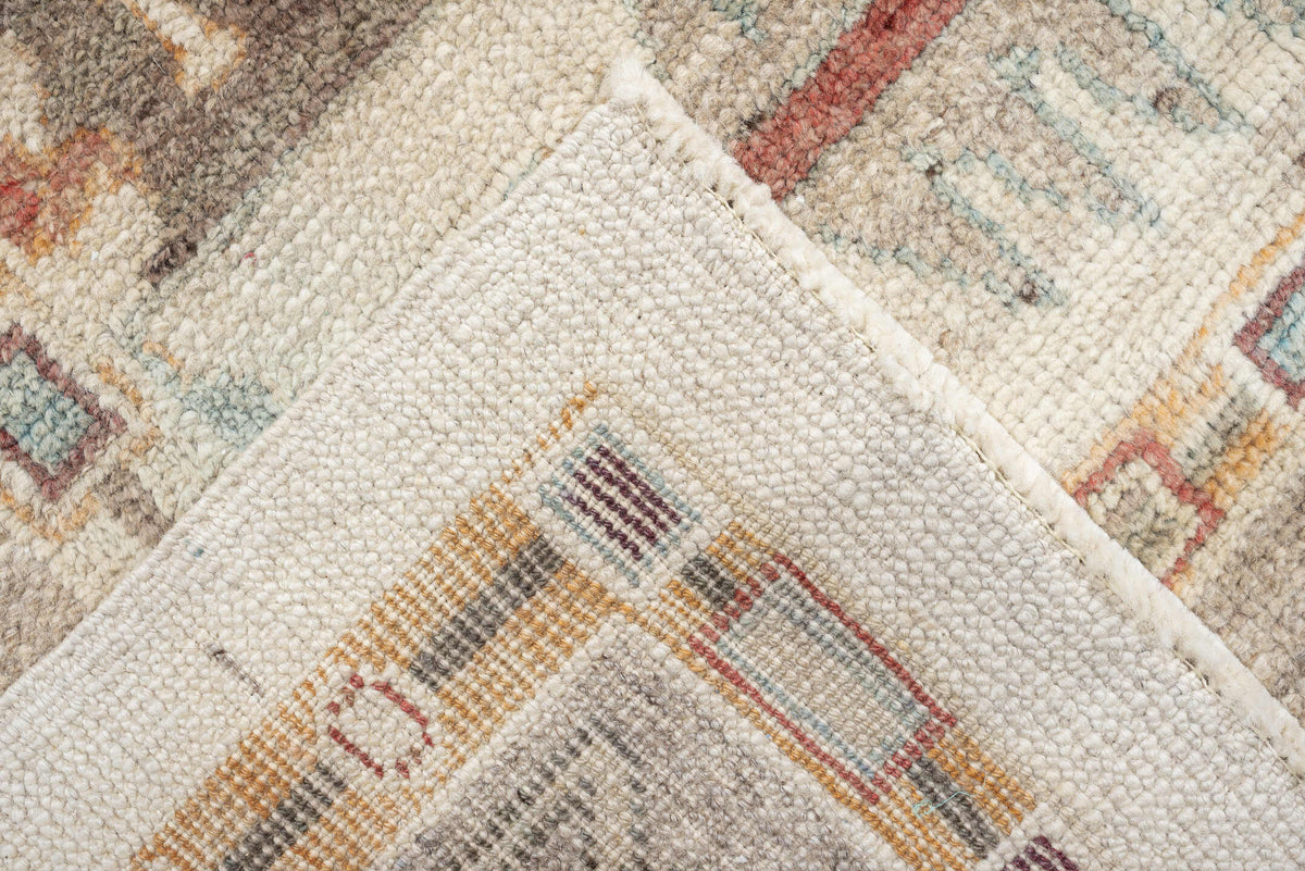 10' x 13' one-of-a-kind handmade vintage Oushak large size rug. Color palette: ivory, taupe, charcoal, sage, dusty coral