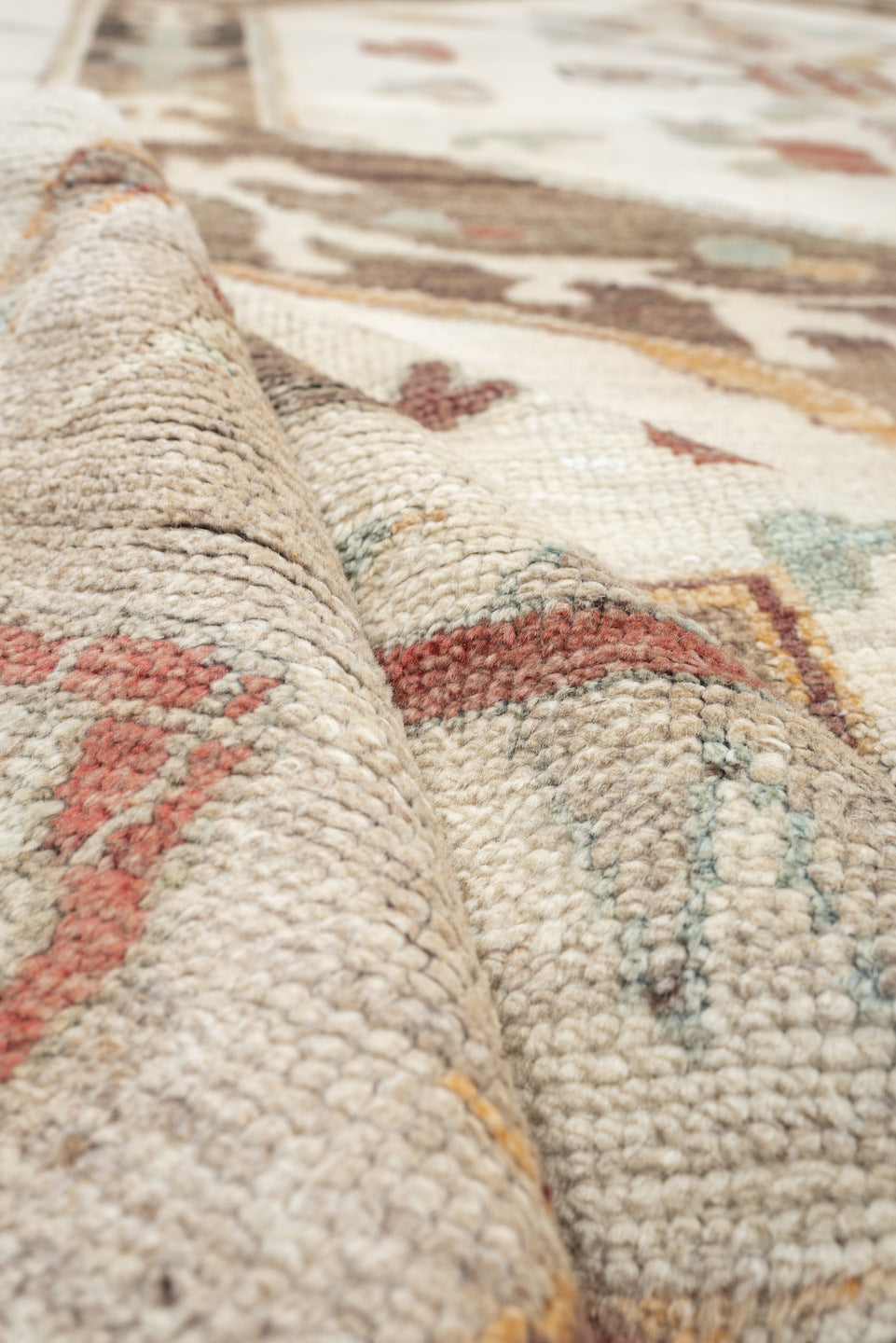 10' x 13' one-of-a-kind handmade vintage Oushak large size rug. Color palette: ivory, taupe, charcoal, sage, dusty coral