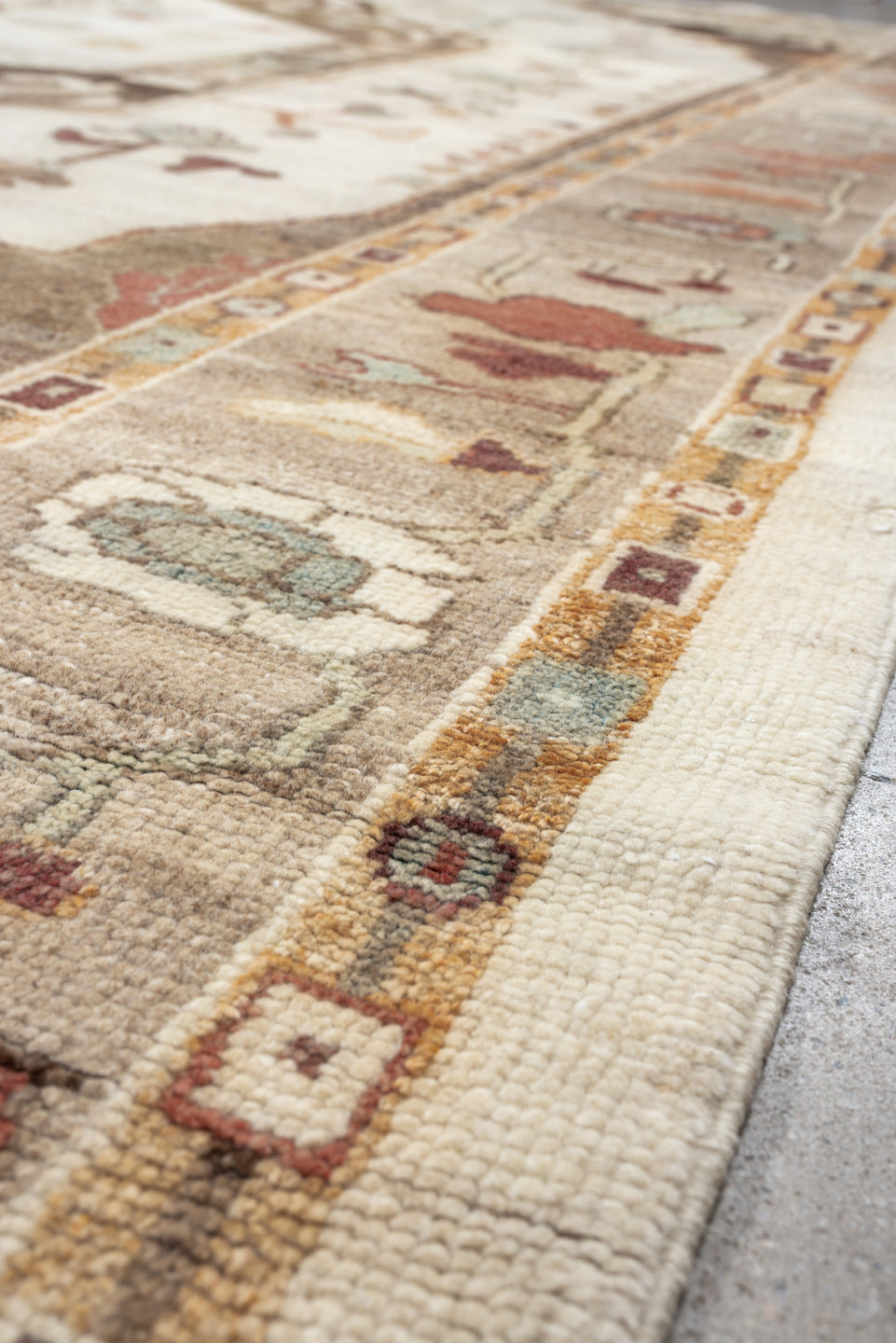 10' x 13' one-of-a-kind handmade vintage Oushak large size rug. Color palette: ivory, taupe, charcoal, sage, dusty coral