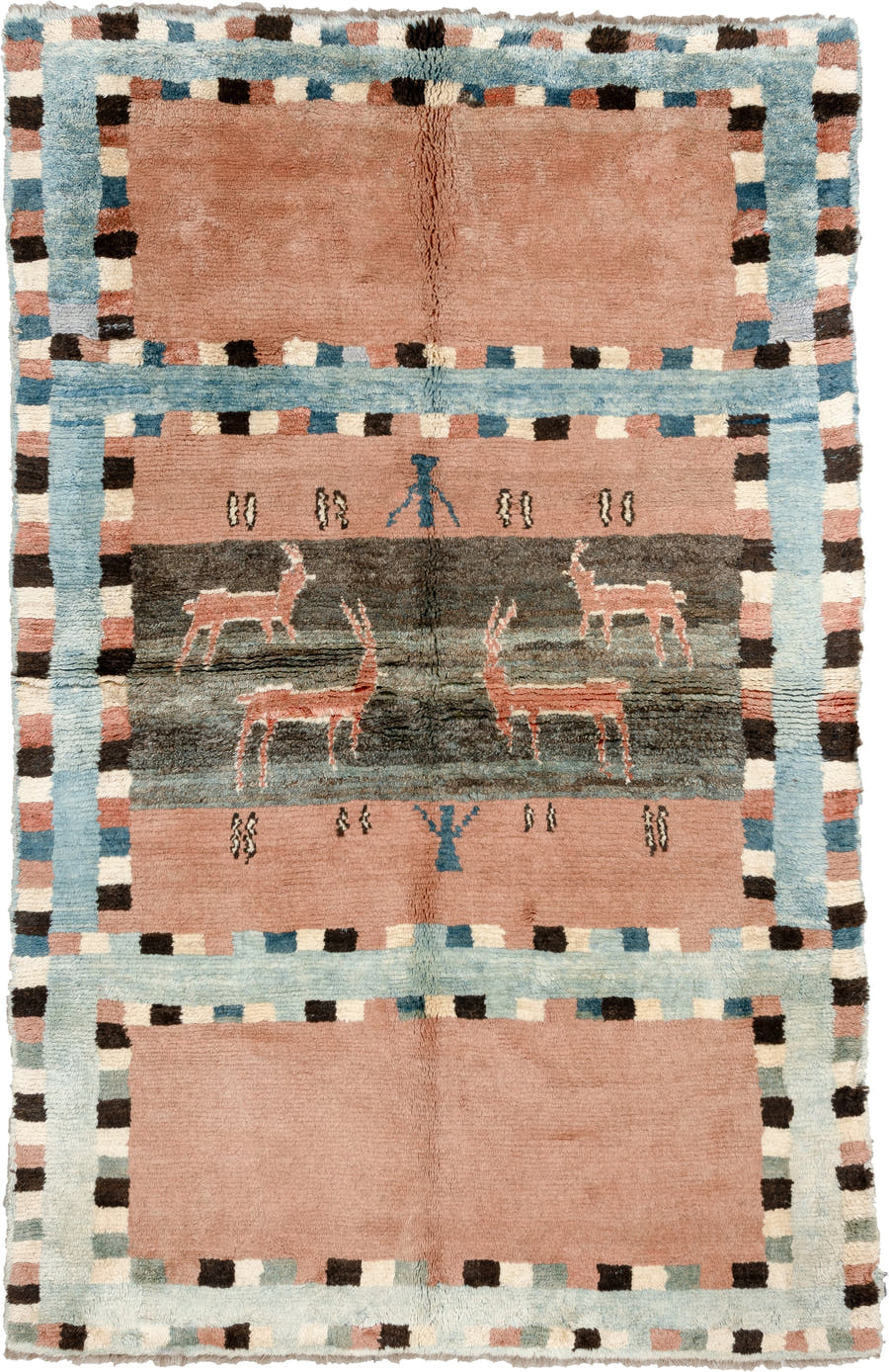 5' x 7' one-of-a-kind handmade antique Gabbe medium size rug. Color palette: dusty rose, pale blue, charcoal, ivory, coral