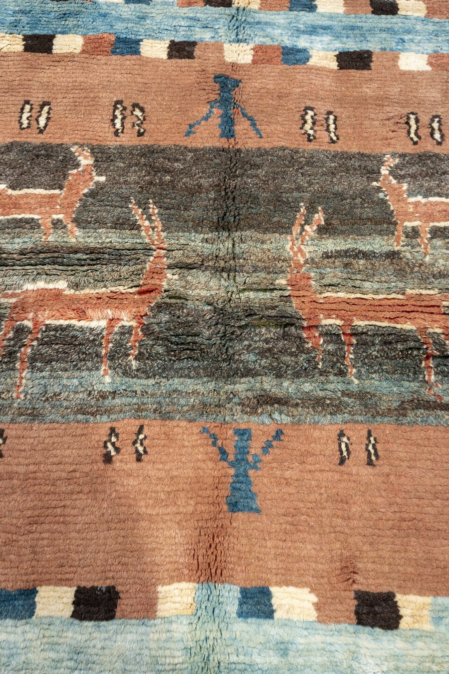 5' x 7' one-of-a-kind handmade antique Gabbe medium size rug. Color palette: dusty rose, pale blue, charcoal, ivory, coral