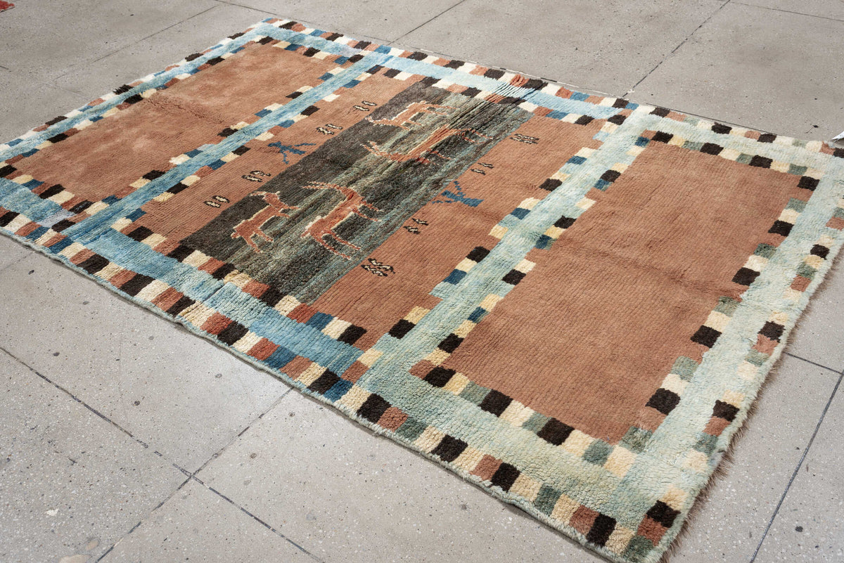 5' x 7' one-of-a-kind handmade antique Gabbe medium size rug. Color palette: dusty rose, pale blue, charcoal, ivory, coral