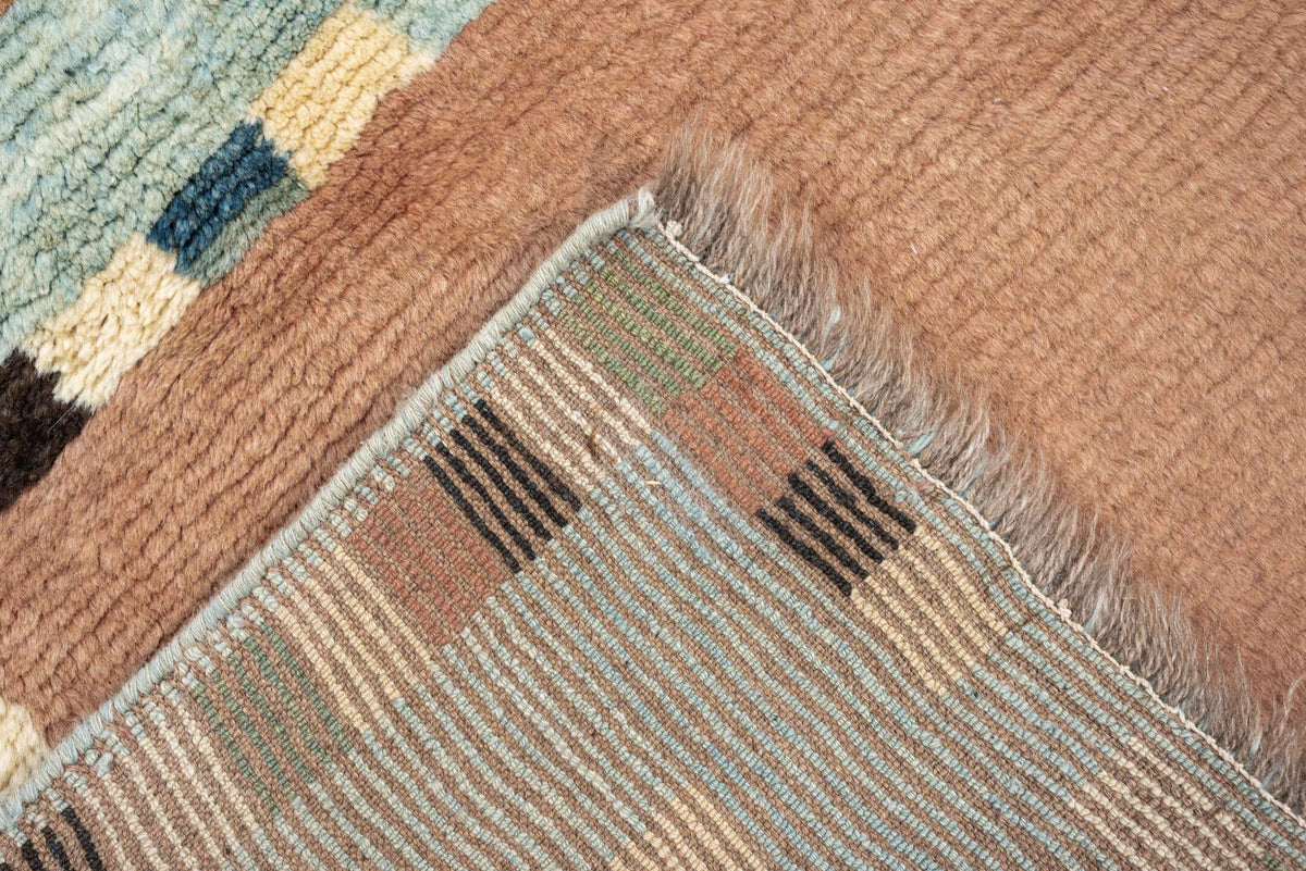 5' x 7' one-of-a-kind handmade antique Gabbe medium size rug. Color palette: dusty rose, pale blue, charcoal, ivory, coral