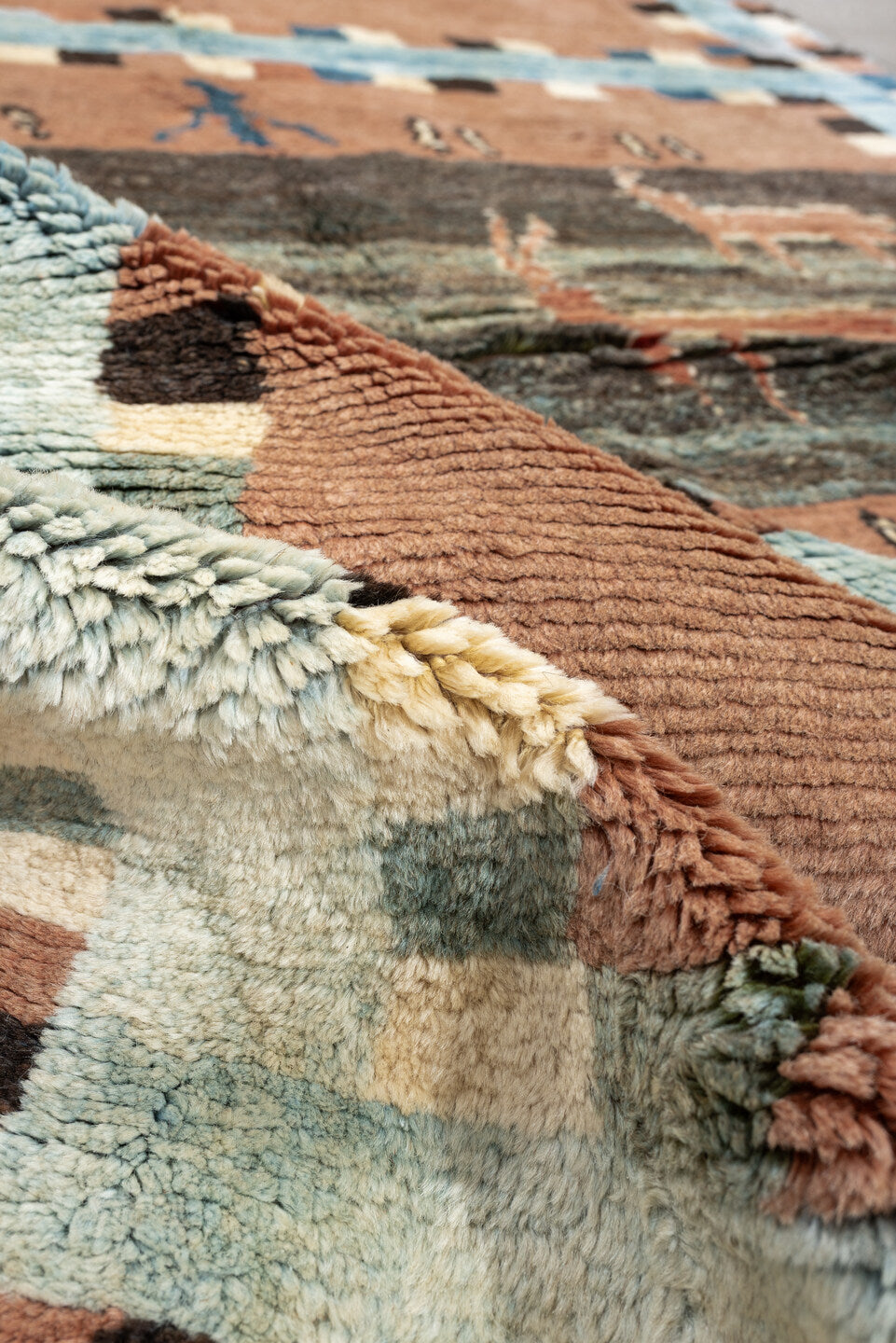 5' x 7' one-of-a-kind handmade antique Gabbe medium size rug. Color palette: dusty rose, pale blue, charcoal, ivory, coral